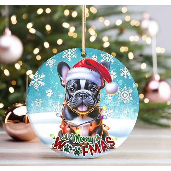 Cute Santa Hat French Bulldog Ceramic Frenchie Ornaments - Picture 3 of 3